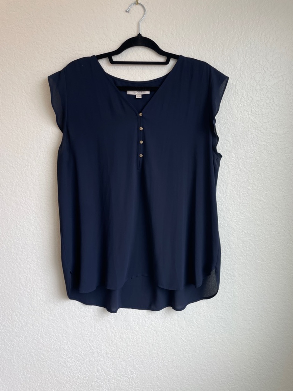 LOFT Navy Cap-Sleeve Button V-Neck Blouse  XL